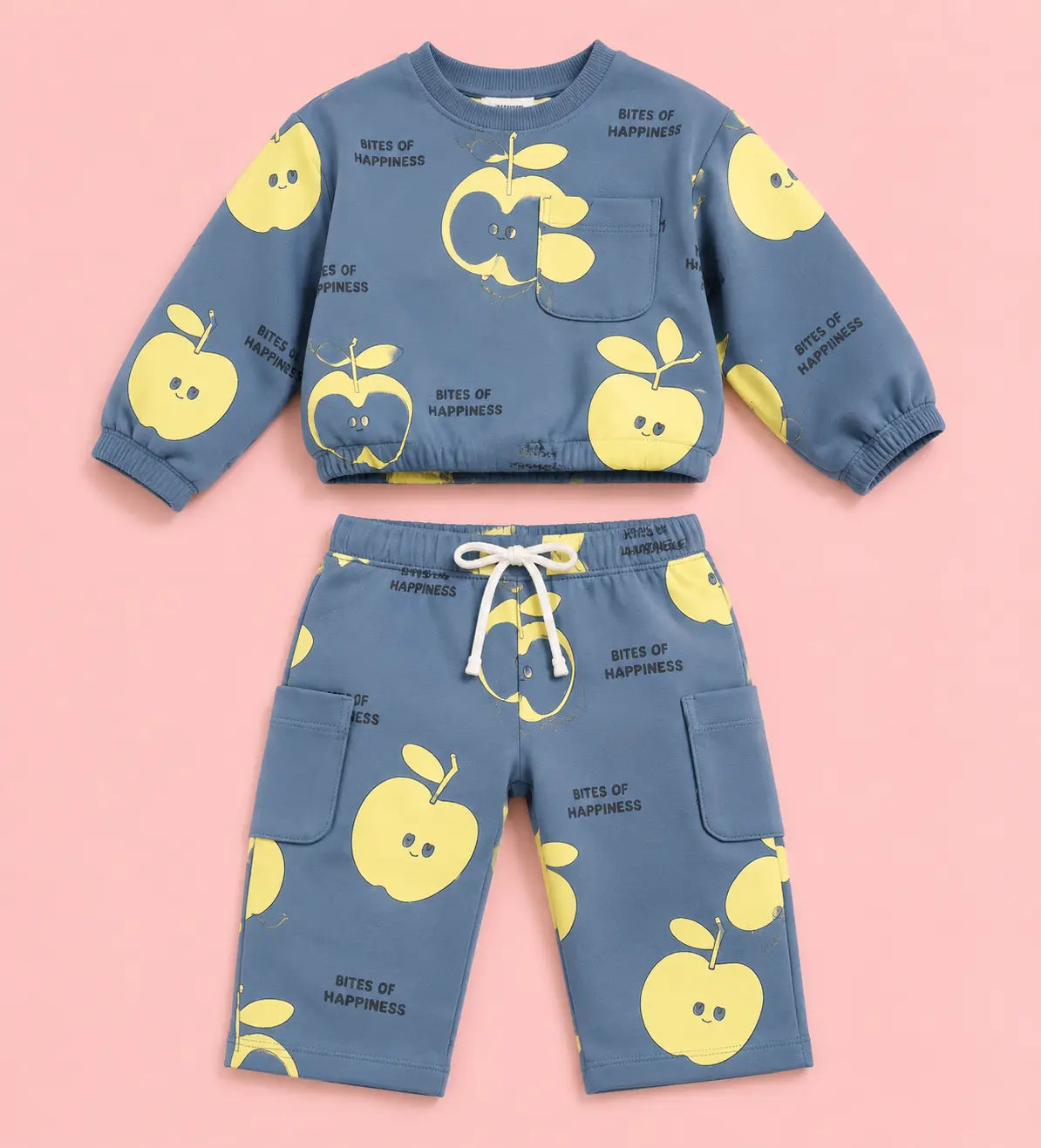 BloomUp Dusty Blue Apple Print Co-ord Set for Baby Boys – Soft Full Sleeve Sweatshirt & Shorts Kids Outfit