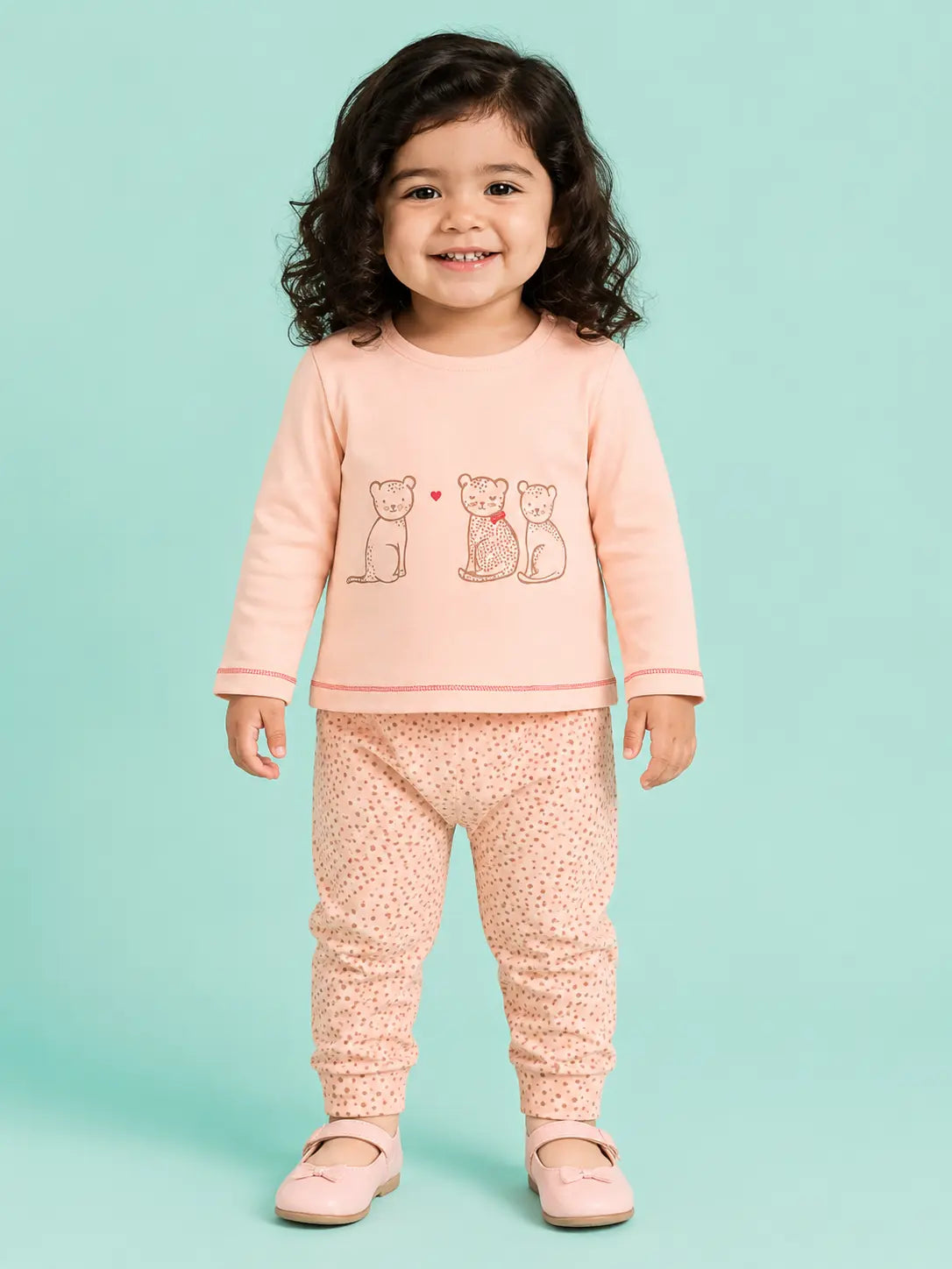 BloomUp Peach Bear Print Full Sleeve Co-Ord Set for Baby Girls – Soft Cotton Top & Jogger Pants Set