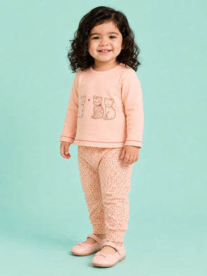 BloomUp Peach Bear Print Full Sleeve Co-Ord Set for Baby Girls – Soft Cotton Top & Jogger Pants Set