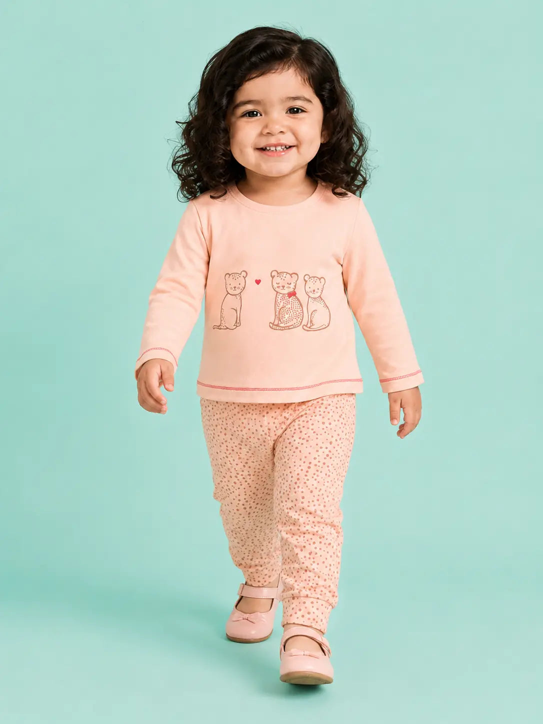 BloomUp Peach Bear Print Full Sleeve Co-Ord Set for Baby Girls – Soft Cotton Top & Jogger Pants Set