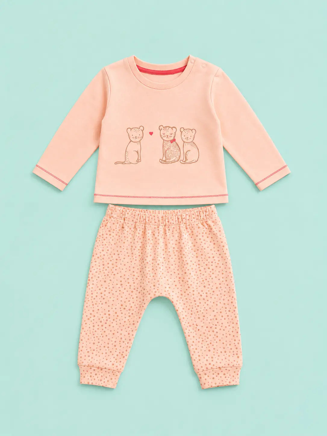BloomUp Peach Bear Print Full Sleeve Co-Ord Set for Baby Girls – Soft Cotton Top & Jogger Pants Set