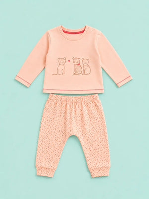 BloomUp Peach Bear Print Full Sleeve Co-Ord Set for Baby Girls – Soft Cotton Top & Jogger Pants Set
