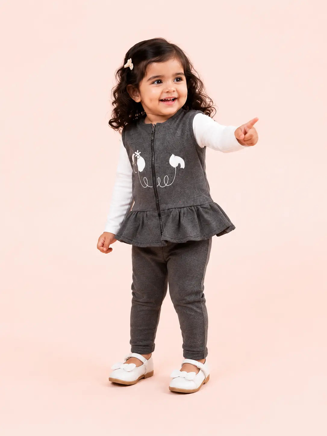 BloomUp Charcoal Grey Peplum Zip Vest, White T-Shirt & Pants Set for Girls – Soft Cotton 3-Piece Kids Outfit