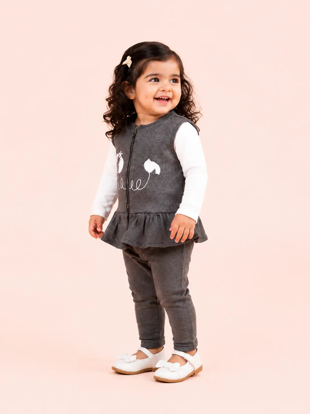 BloomUp Charcoal Grey Peplum Zip Vest, White T-Shirt & Pants Set for Girls – Soft Cotton 3-Piece Kids Outfit