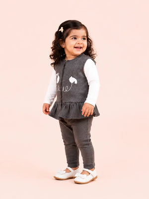 BloomUp Charcoal Grey Peplum Zip Vest, White T-Shirt & Pants Set for Girls – Soft Cotton 3-Piece Kids Outfit