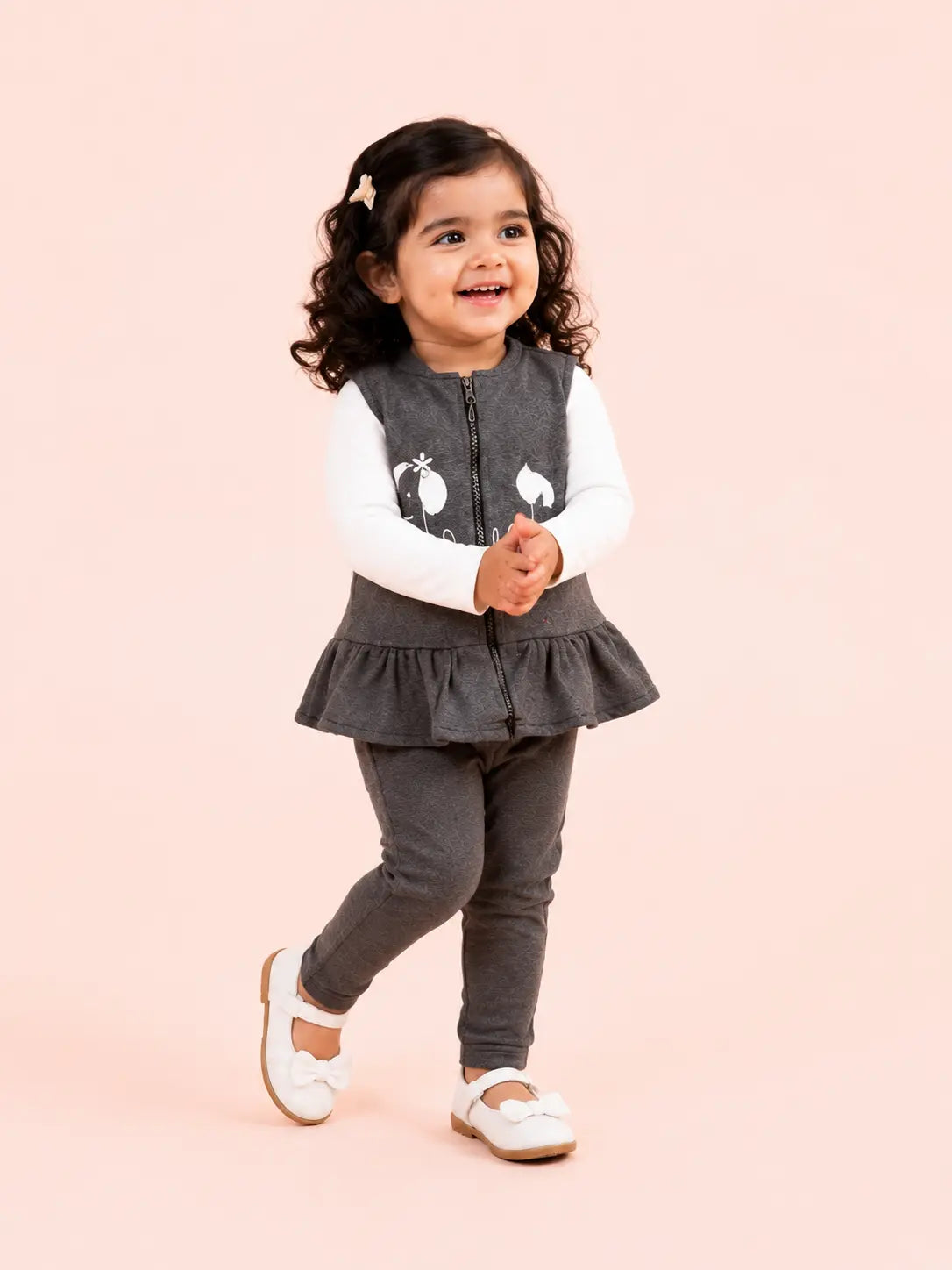 BloomUp Charcoal Grey Peplum Zip Vest, White T-Shirt & Pants Set for Girls – Soft Cotton 3-Piece Kids Outfit