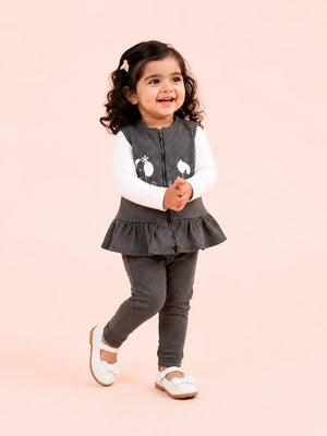 BloomUp Charcoal Grey Peplum Zip Vest, White T-Shirt & Pants Set for Girls – Soft Cotton 3-Piece Kids Outfit