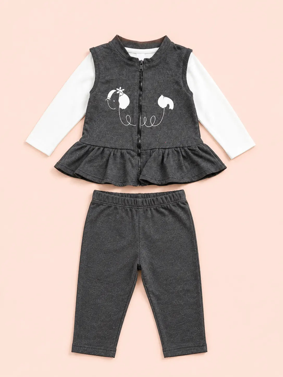 BloomUp Charcoal Grey Peplum Zip Vest, White T-Shirt & Pants Set for Girls – Soft Cotton 3-Piece Kids Outfit