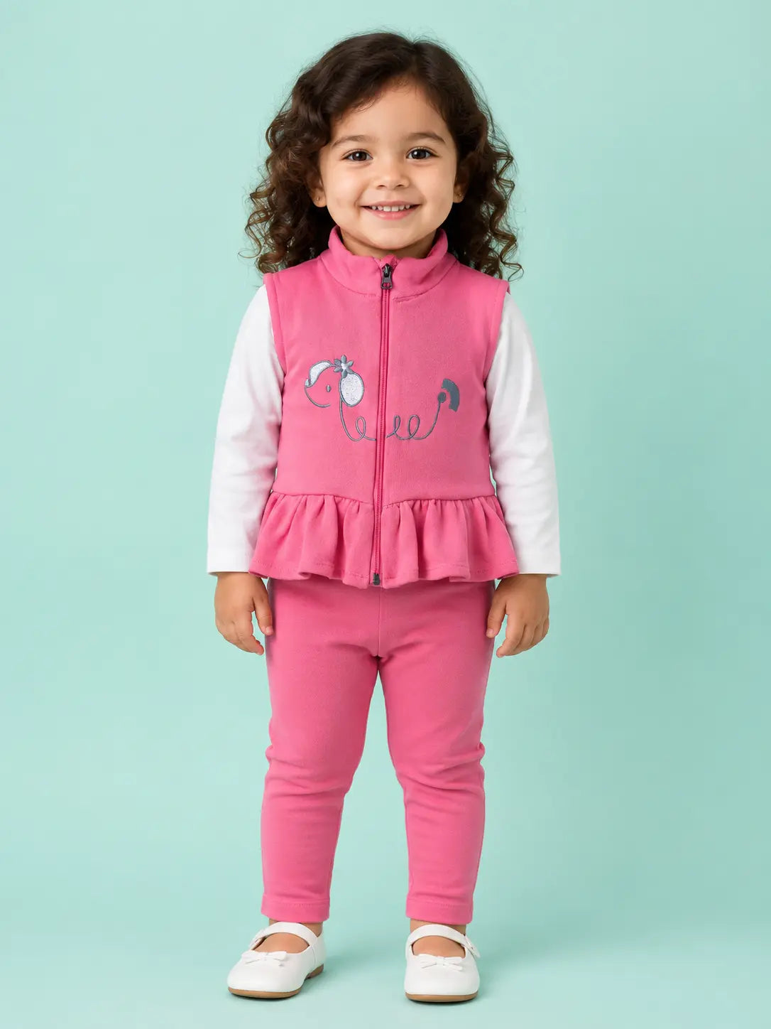 BloomUp Pink Elephant Embroidered Zip-Up Jacket & Leggings Set for Baby Girls – Soft Cotton Daily Wear Outfit