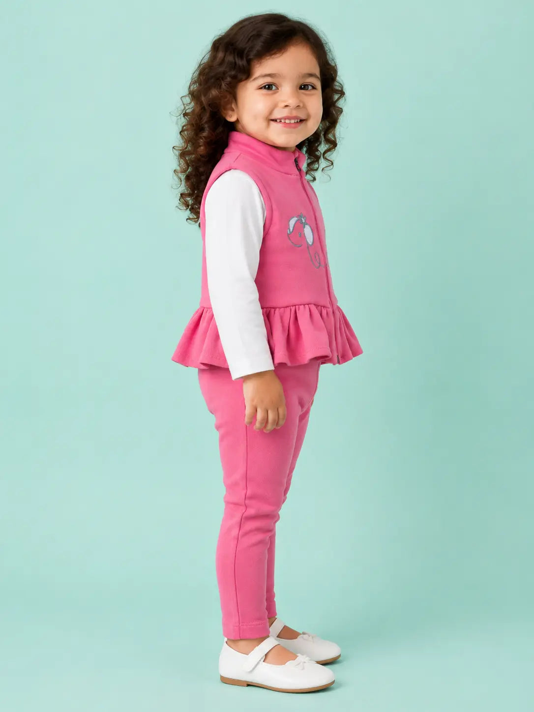 BloomUp Pink Elephant Embroidered Zip-Up Jacket & Leggings Set for Baby Girls – Soft Cotton Daily Wear Outfit