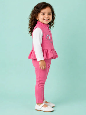 BloomUp Pink Elephant Embroidered Zip-Up Jacket & Leggings Set for Baby Girls – Soft Cotton Daily Wear Outfit