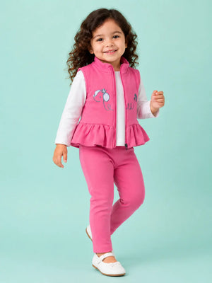 BloomUp Pink Elephant Embroidered Zip-Up Jacket & Leggings Set for Baby Girls – Soft Cotton Daily Wear Outfit