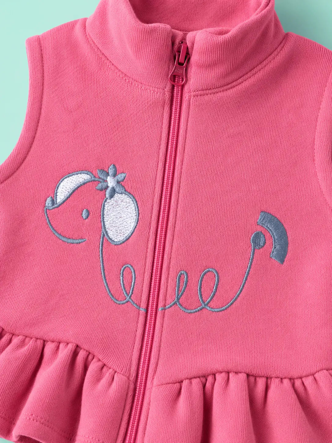 BloomUp Pink Elephant Embroidered Zip-Up Jacket & Leggings Set for Baby Girls – Soft Cotton Daily Wear Outfit