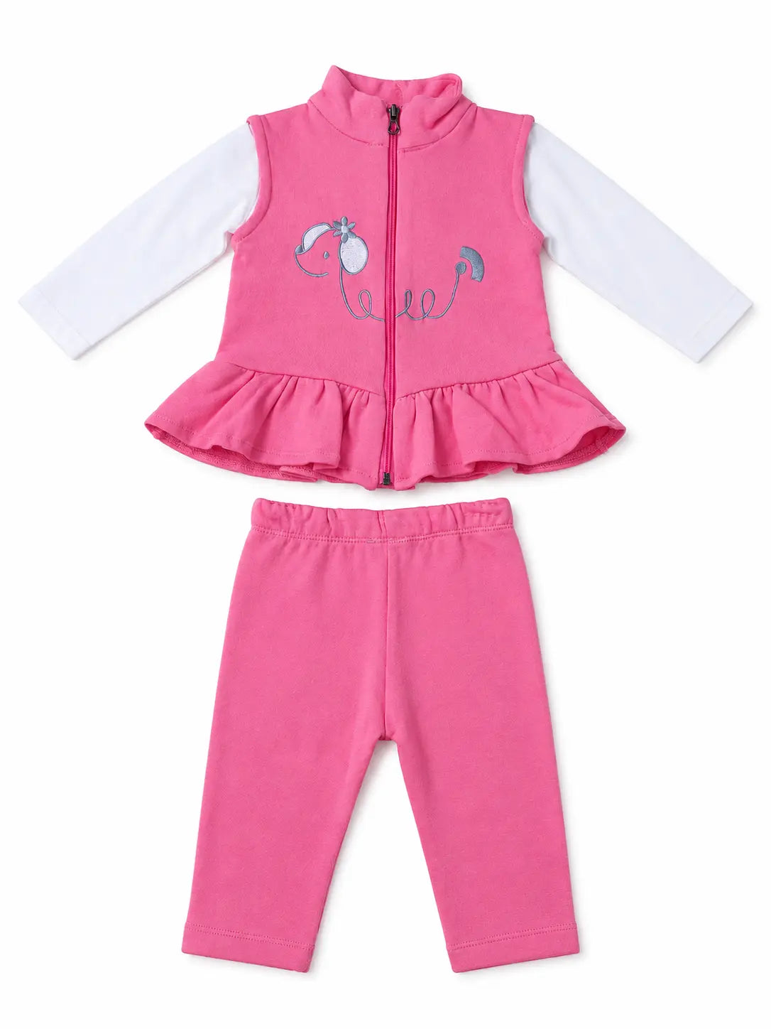 BloomUp Pink Elephant Embroidered Zip-Up Jacket & Leggings Set for Baby Girls – Soft Cotton Daily Wear Outfit