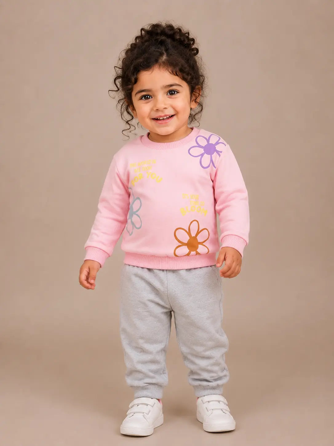 BloomUp Pink Floral Graphic Sweatshirt & Grey Jogger Set for Girls – Soft Cotton Blend Kids Co-ord Outfit