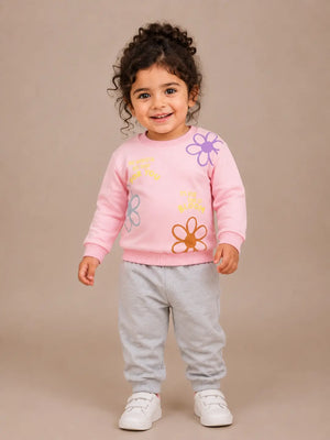 BloomUp Pink Floral Graphic Sweatshirt & Grey Jogger Set for Girls – Soft Cotton Blend Kids Co-ord Outfit
