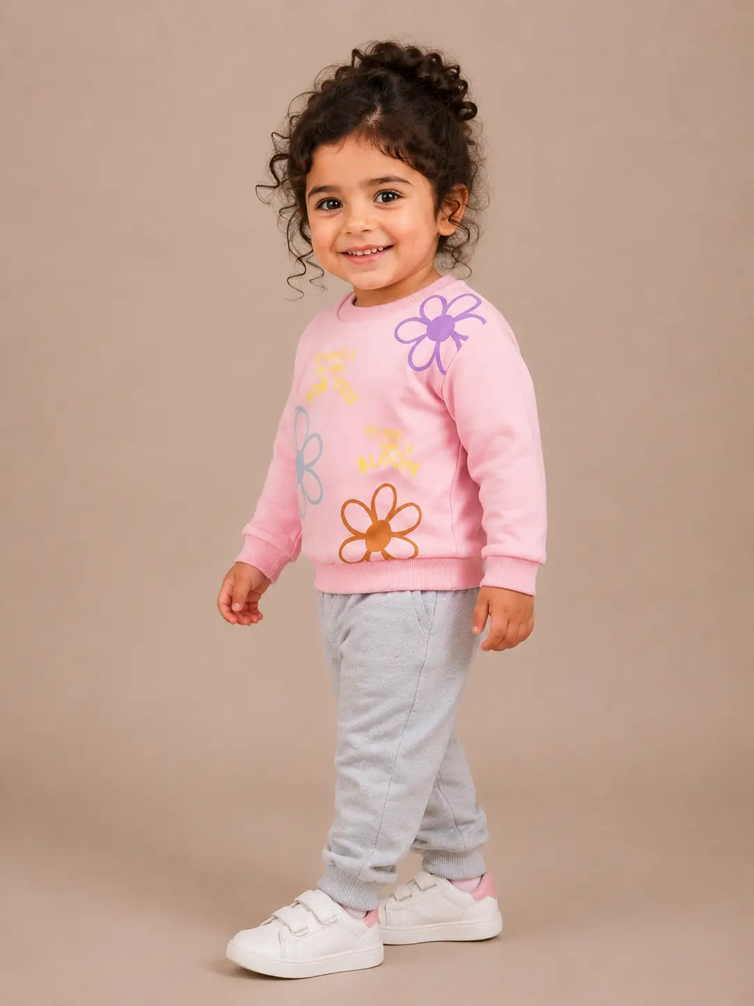 BloomUp Pink Floral Graphic Sweatshirt & Grey Jogger Set for Girls – Soft Cotton Blend Kids Co-ord Outfit