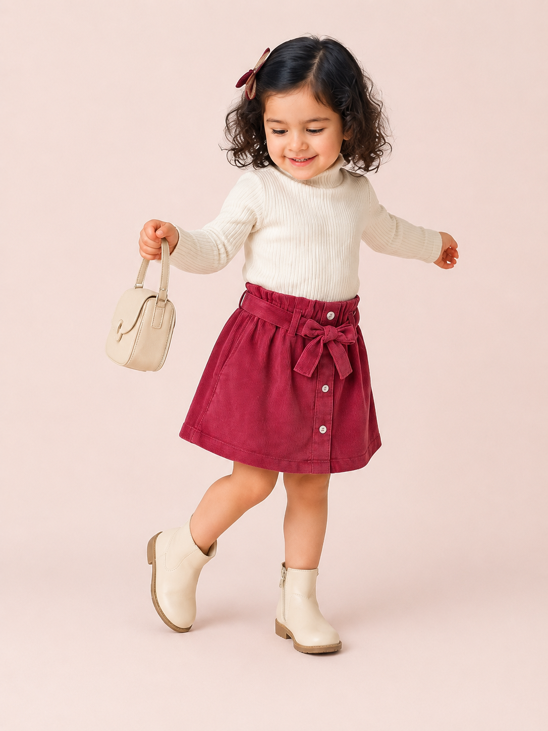 Girls Maroon Corduroy Skirt – Button Front Casual Kids Skirt with Waist Belt BloomUp