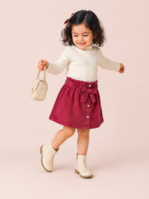 Girls Maroon Corduroy Skirt – Button Front Casual Kids Skirt with Waist Belt BloomUp