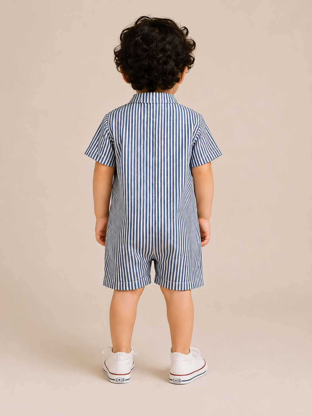Boys Blue & White Striped Cotton Romper – Short Sleeve Casual Summer Outfit for Toddlers BloomUp