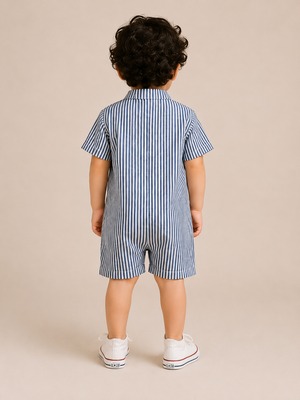 Boys Blue & White Striped Cotton Romper – Short Sleeve Casual Summer Outfit for Toddlers BloomUp