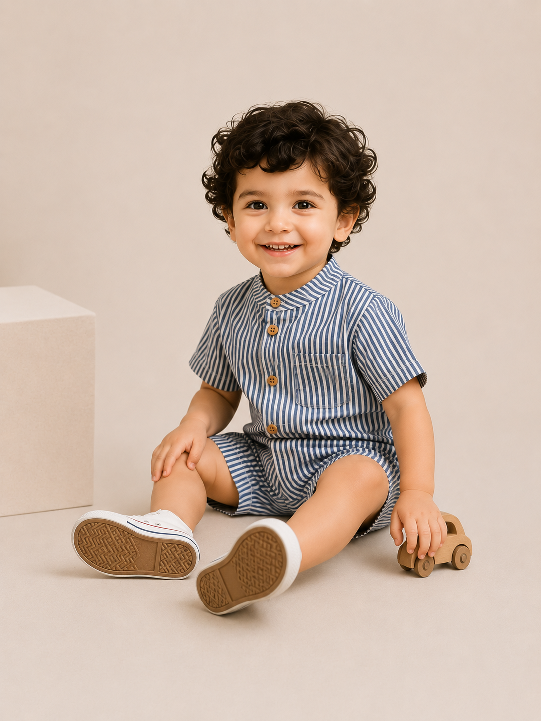 Boys Blue & White Striped Cotton Romper – Short Sleeve Casual Summer Outfit for Toddlers BloomUp