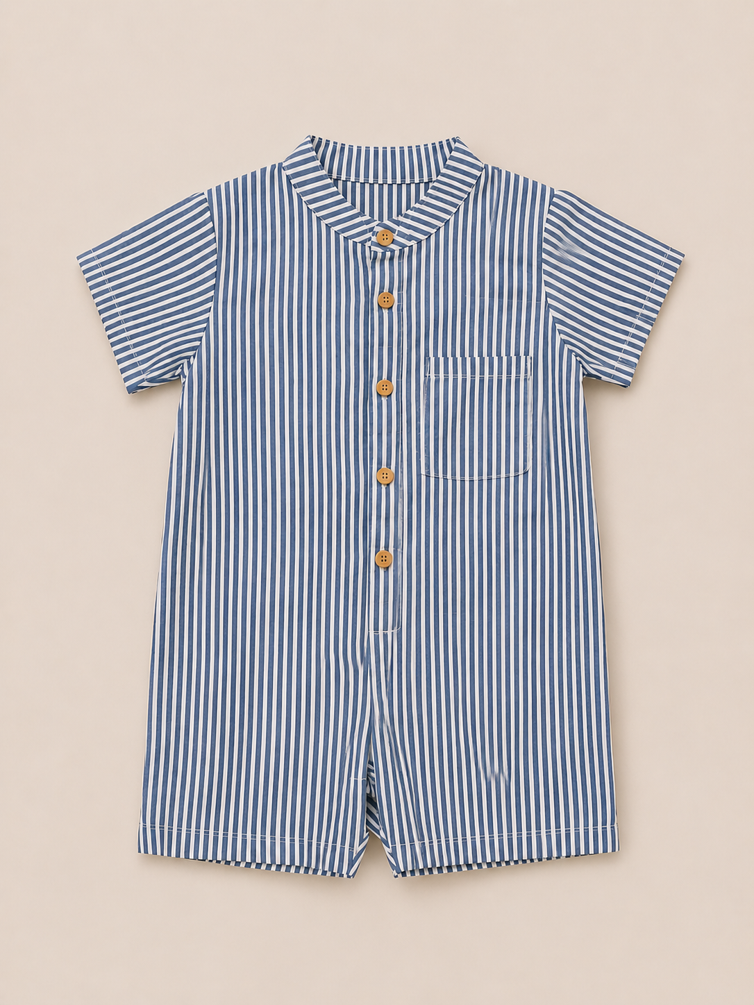 Boys Blue & White Striped Cotton Romper – Short Sleeve Casual Summer Outfit for Toddlers BloomUp