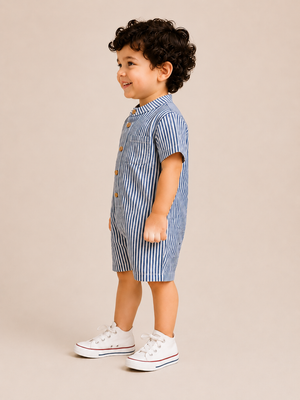 Boys Blue & White Striped Cotton Romper – Short Sleeve Casual Summer Outfit for Toddlers BloomUp