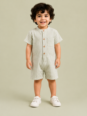 Boys Sage Green & White Striped Cotton Romper – Short Sleeve Casual Summer Outfit for Toddlers BloomUp