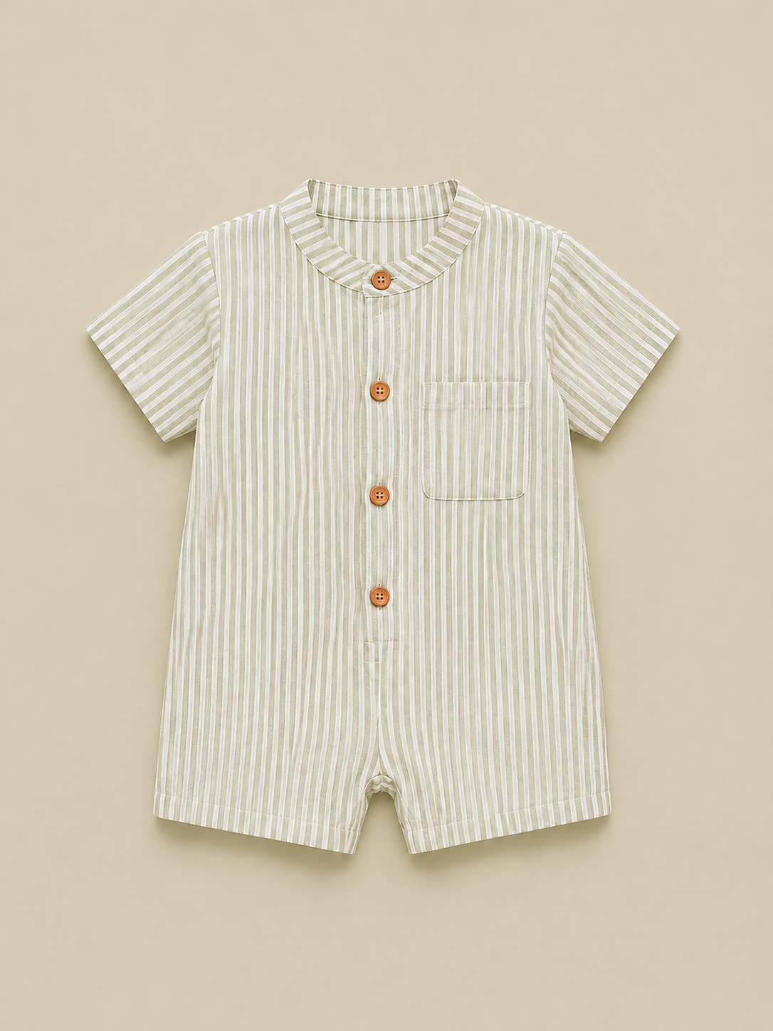 Boys Sage Green & White Striped Cotton Romper – Short Sleeve Casual Summer Outfit for Toddlers BloomUp