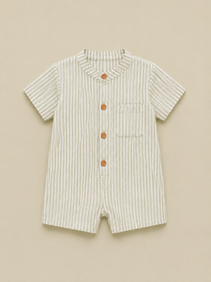 Boys Sage Green & White Striped Cotton Romper – Short Sleeve Casual Summer Outfit for Toddlers BloomUp
