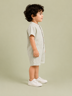 Boys Sage Green & White Striped Cotton Romper – Short Sleeve Casual Summer Outfit for Toddlers BloomUp