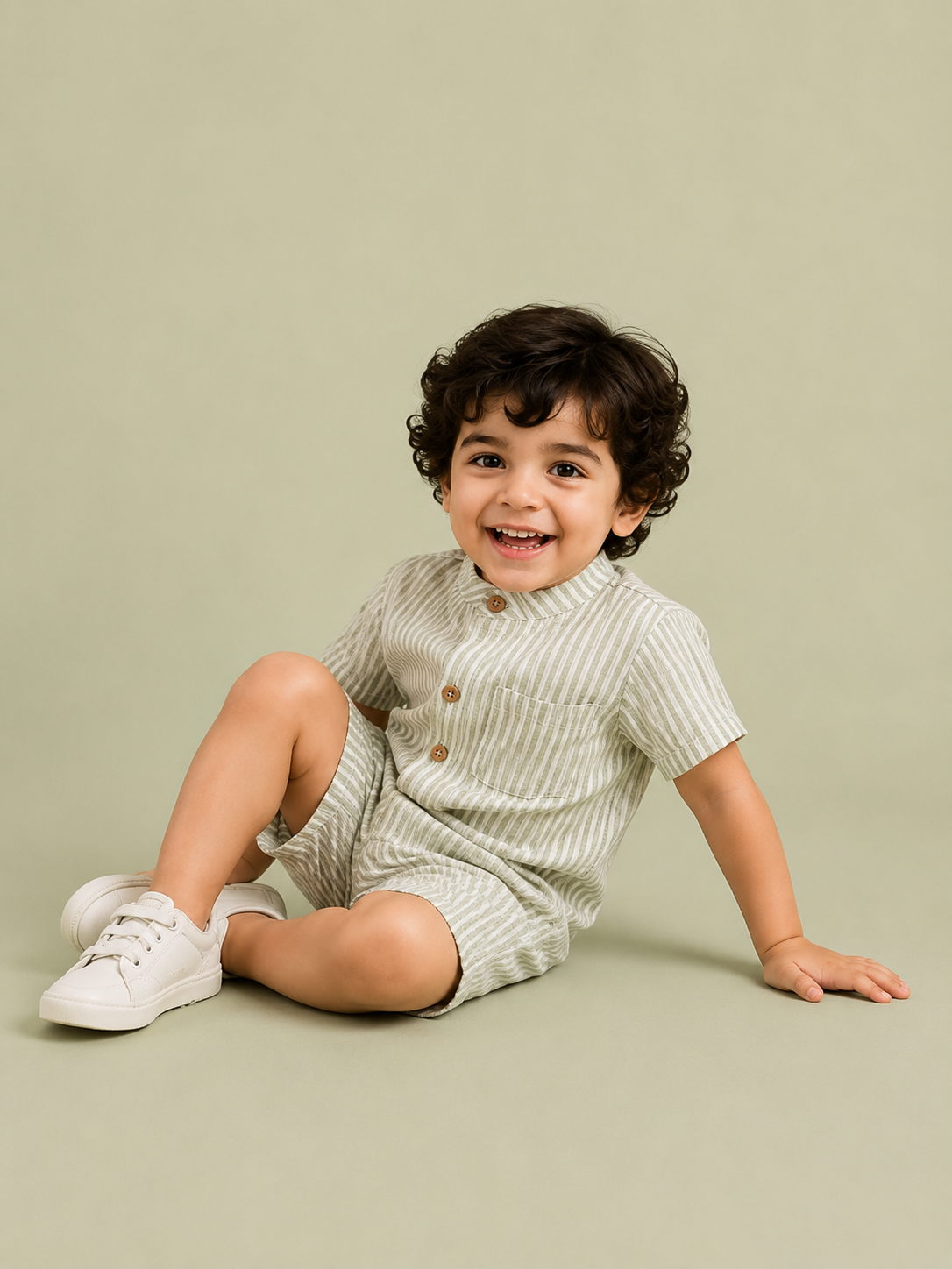 Boys Sage Green & White Striped Cotton Romper – Short Sleeve Casual Summer Outfit for Toddlers BloomUp