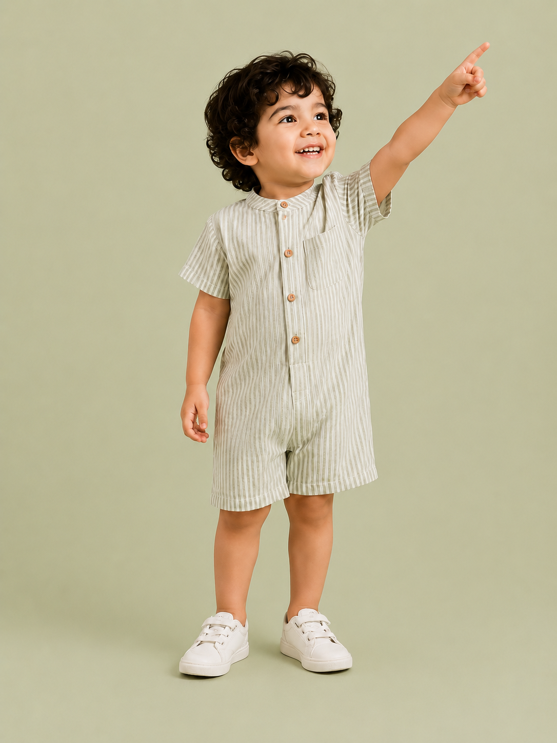 Boys Sage Green & White Striped Cotton Romper – Short Sleeve Casual Summer Outfit for Toddlers BloomUp