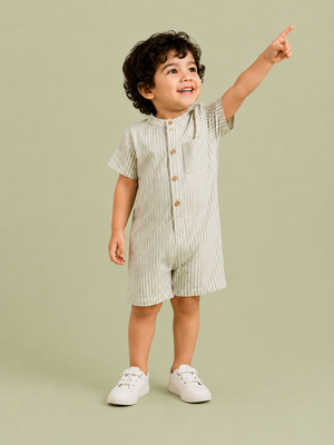 Boys Sage Green & White Striped Cotton Romper – Short Sleeve Casual Summer Outfit for Toddlers BloomUp