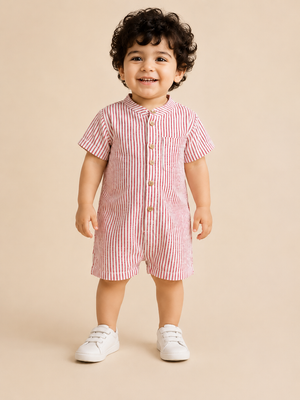 Boys Red & White Striped Cotton Romper – Short Sleeve Casual Summer Outfit for Toddlers BloomUp