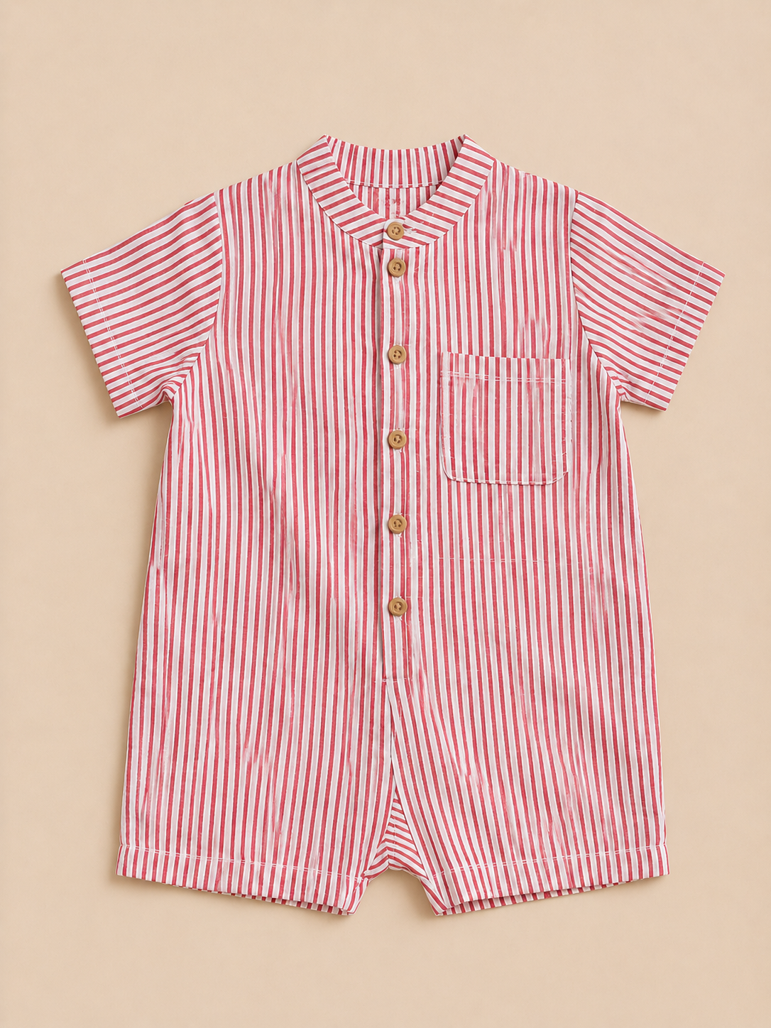 Boys Red & White Striped Cotton Romper – Short Sleeve Casual Summer Outfit for Toddlers BloomUp