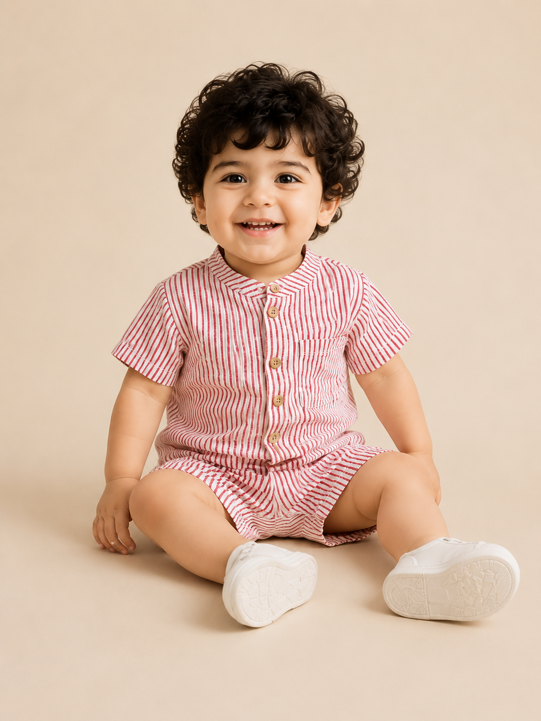 Boys Red & White Striped Cotton Romper – Short Sleeve Casual Summer Outfit for Toddlers BloomUp