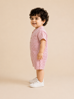 Boys Red & White Striped Cotton Romper – Short Sleeve Casual Summer Outfit for Toddlers BloomUp