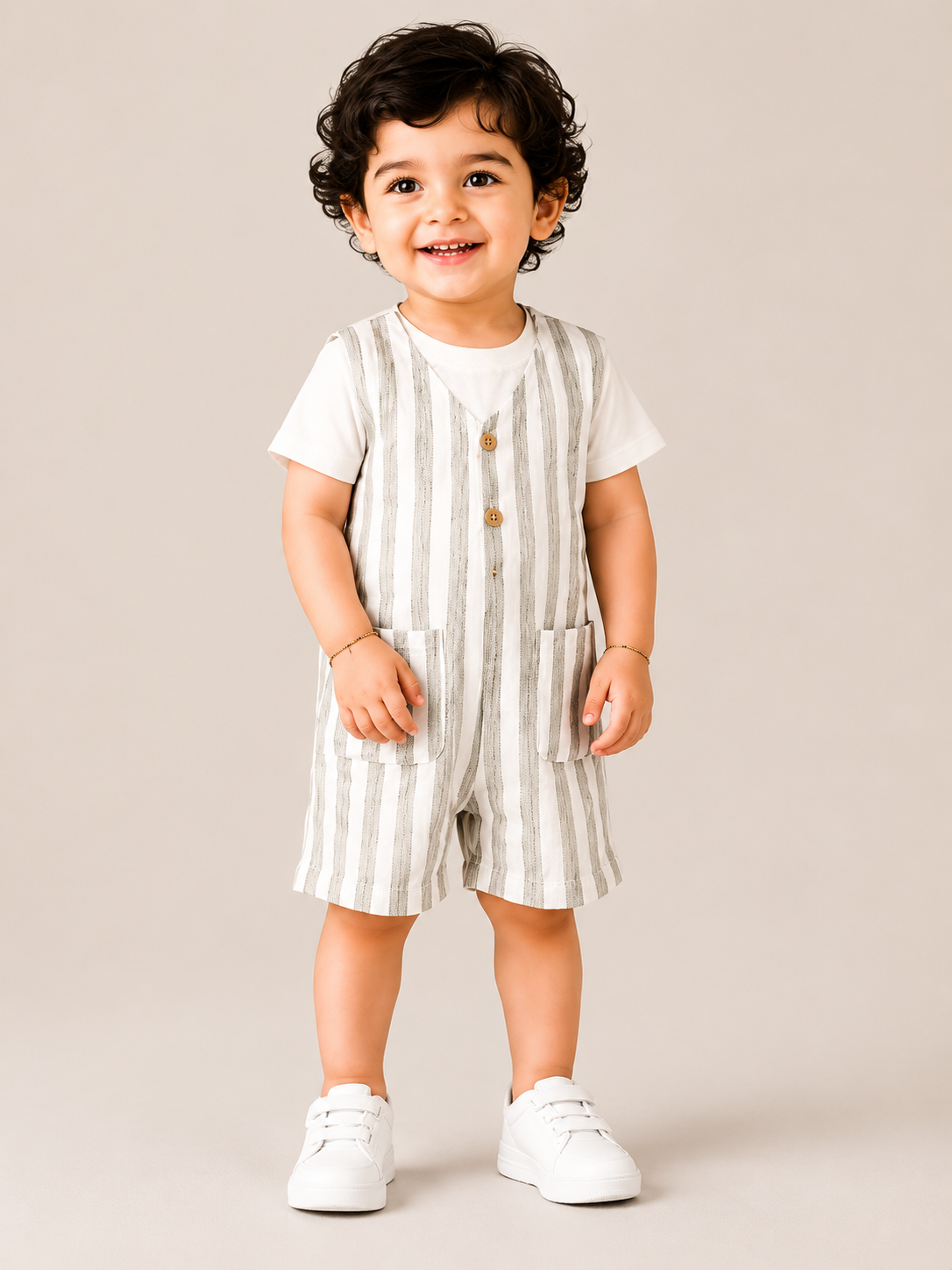 White & Grey Striped Cotton Romper with T-Shirt for Toddler Boys – Comfortable Summer Outfit BloomUp