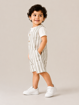White & Grey Striped Cotton Romper with T-Shirt for Toddler Boys – Comfortable Summer Outfit BloomUp