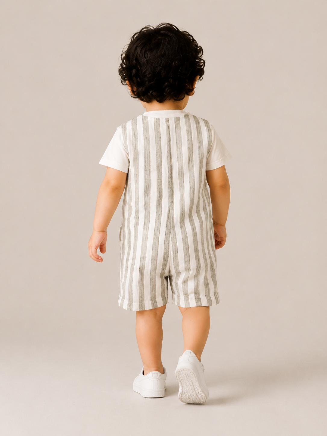 White & Grey Striped Cotton Romper with T-Shirt for Toddler Boys – Comfortable Summer Outfit BloomUp