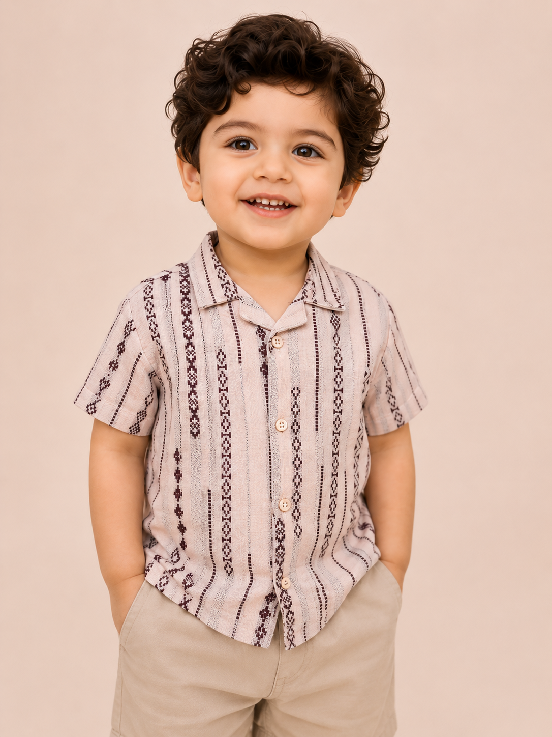 Boys Ethnic Stripe Printed Cotton Shirt – Beige Casual Half Sleeve Summer Shirt BloomUp