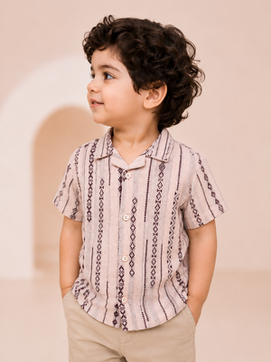 Boys Ethnic Stripe Printed Cotton Shirt – Beige Casual Half Sleeve Summer Shirt BloomUp