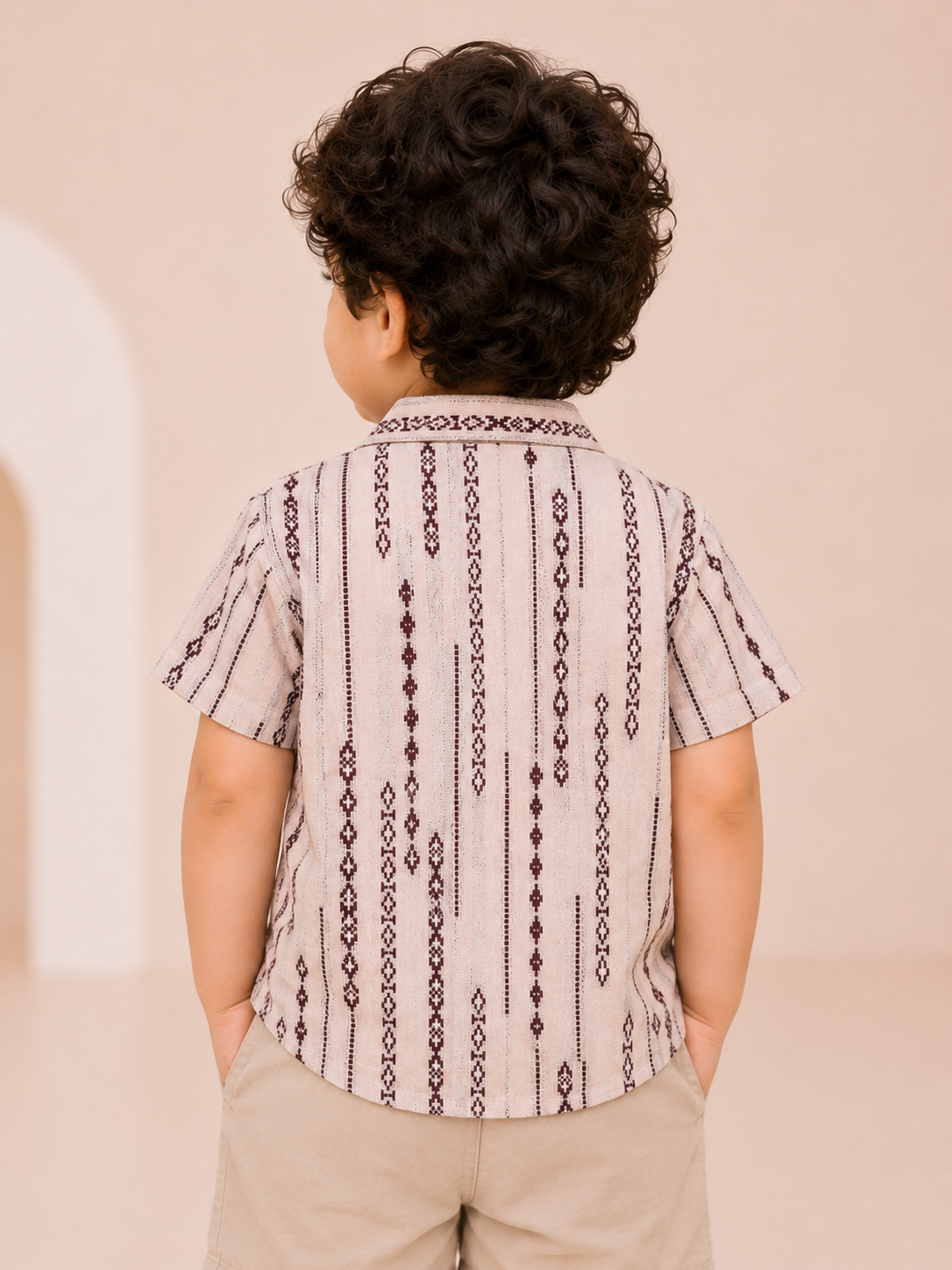 Boys Ethnic Stripe Printed Cotton Shirt – Beige Casual Half Sleeve Summer Shirt BloomUp