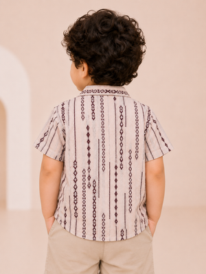 Boys Ethnic Stripe Printed Cotton Shirt – Beige Casual Half Sleeve Summer Shirt BloomUp