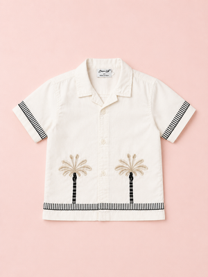 Boys Palm Tree Embroidered Cotton Shirt – White Casual Half Sleeve Summer Shirt BloomUp
