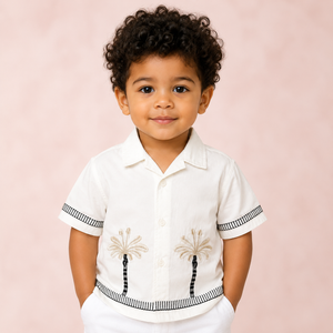Boys Palm Tree Embroidered Cotton Shirt – White Casual Half Sleeve Summer Shirt BloomUp