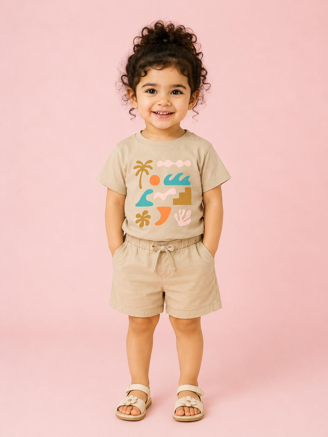 Girls Beige Graphic T-Shirt & Shorts Set – Soft Cotton Summer Co-ord Outfit BloomUp