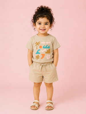 Girls Beige Graphic T-Shirt & Shorts Set – Soft Cotton Summer Co-ord Outfit BloomUp